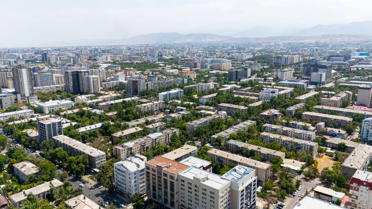 Aerial view of Bishkek, Kyrgyzstan's capital, with the Tian Shan mountains in the background