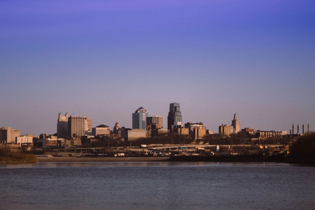 Kansas City skyline viewed from Kaw Point Park under a clear blue sky