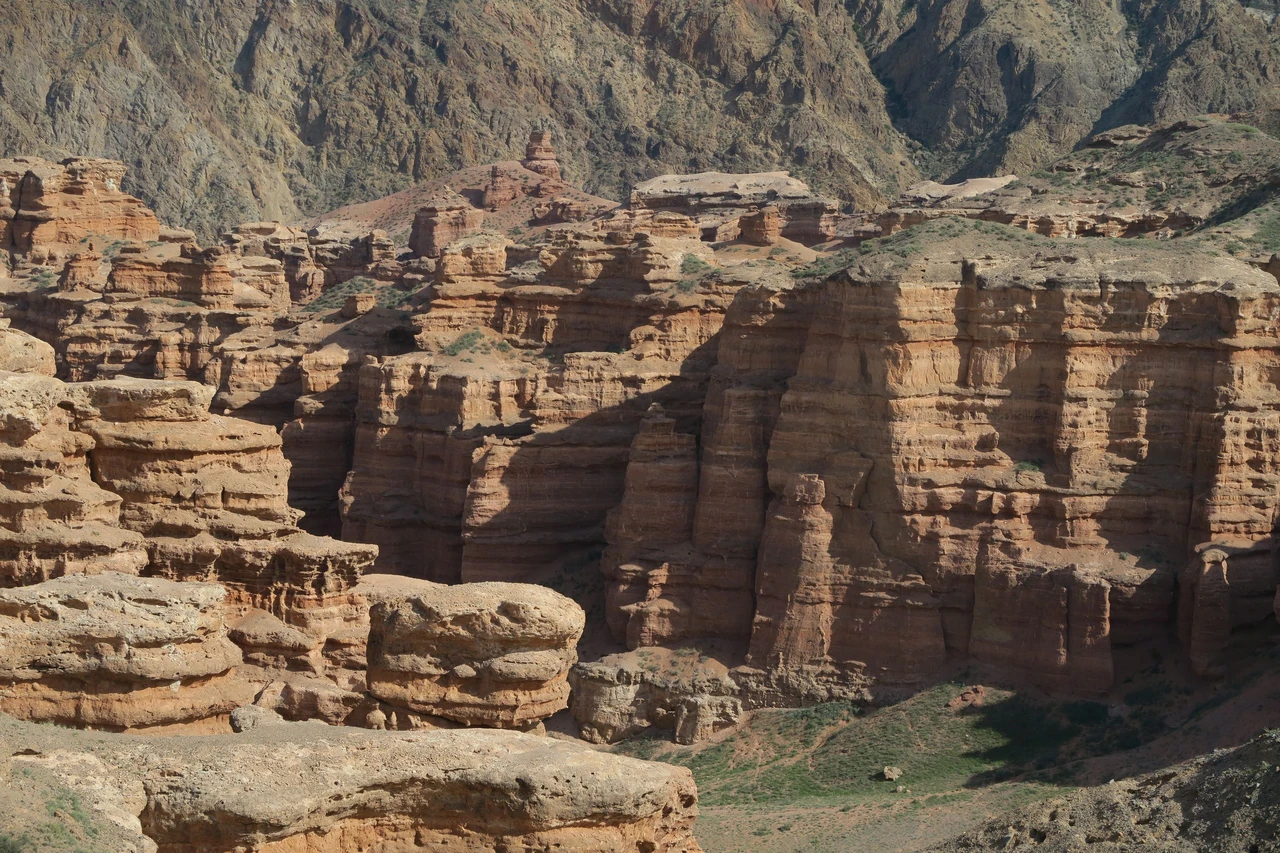 Red sandstone rock formations at Charyn Canyon near Almaty, Kazakhstan